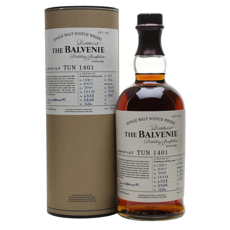 The June 2013 release of Balvenie 's Tun 1401, batch 8 is for the UK, European and Australasian markets. Named for Malt Master David Stewart's favourite marrying vat, it's a very limited edition vatting of 9 American Oak and 3 European Oak casks, with an outturn of just 2700 bottles.  70cl │50,2%  Speyside Single Malt Scotch Whisky Distillery Bottling   Country: Scotland  Region: Speyside